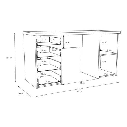Biurko 145x60 cm z 4 szufladami i szafką Grafit/Dąb Flagstaff